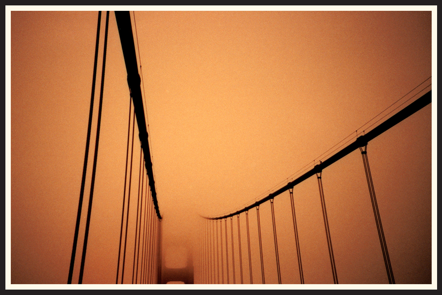 Film photo of the Golden Gate Bridge in fog