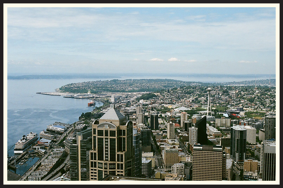 Film photo of an aerial view of Seattle