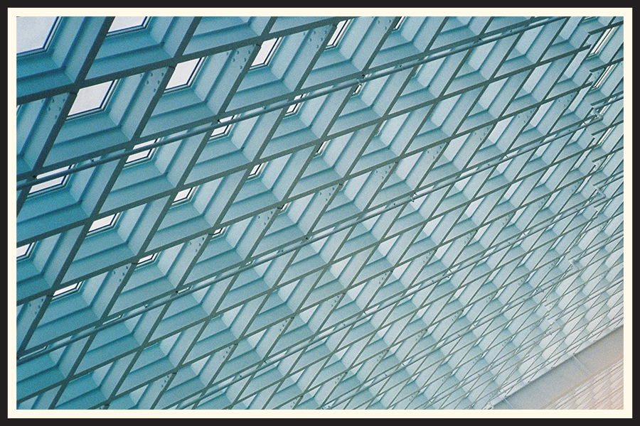 Film photo of light coming through windows at the Seattle Library