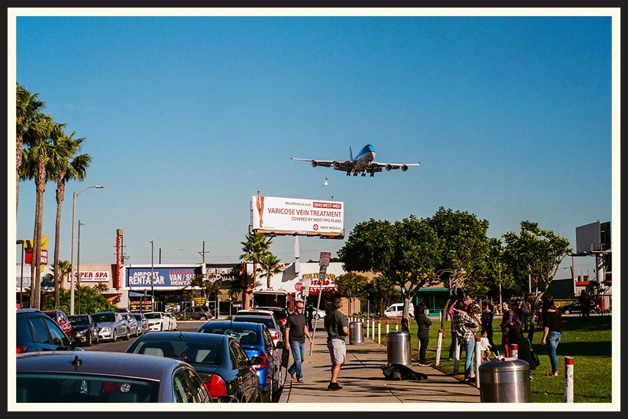 Film photo of a plane taking off from LAX as seen from street level in Los Angeles