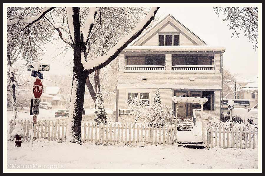 Film photo of a snow covered house in Minneapolis