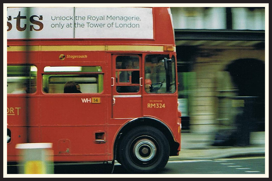 Film photo of a double decker bus in London