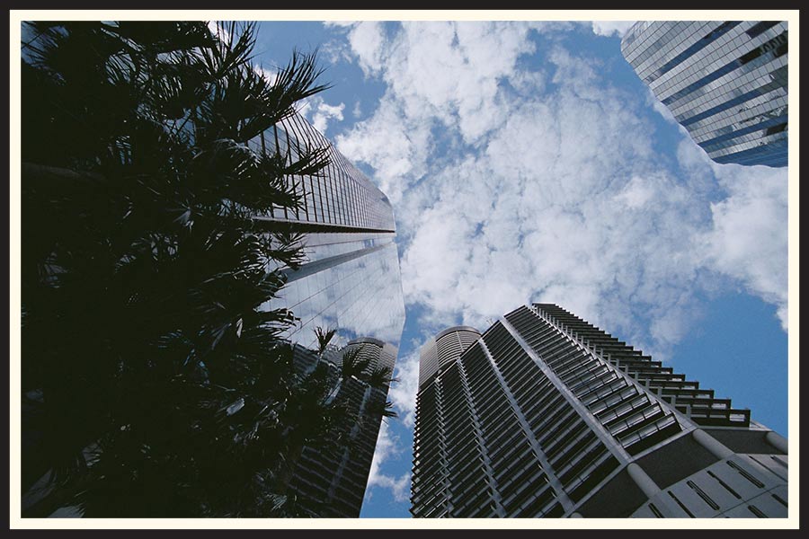Film photo looking up at skyscrapers in Queensland, Australia.
