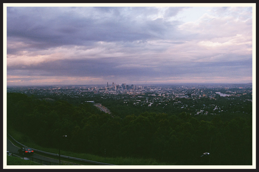 Film photo of the city skyline in Brisbane.