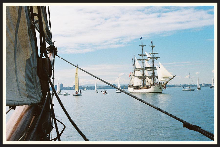 Film photo of boats in the Melbourne harbour. 