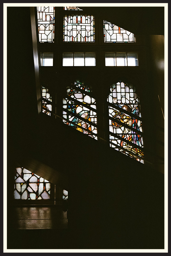 Stained glass mural in a historic church, taken on a Contax G2 film camera.