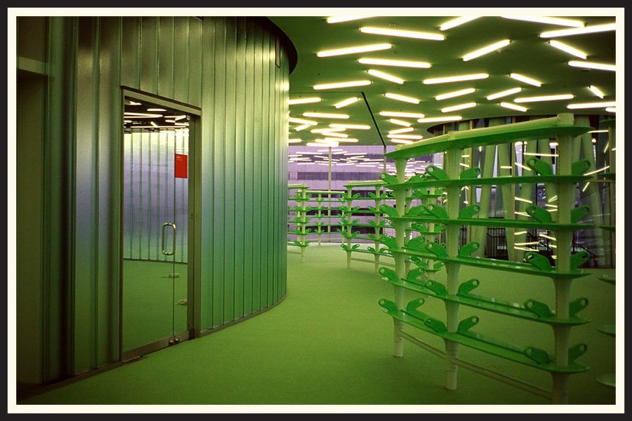 Green interior of a building, illuminated by many, florescent light bars, taken on a Contax G2 film camera.