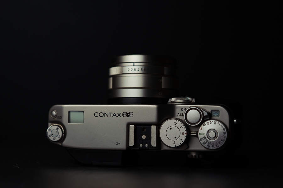 Contax G2 camera from the top, showing the power button and AEL switch.