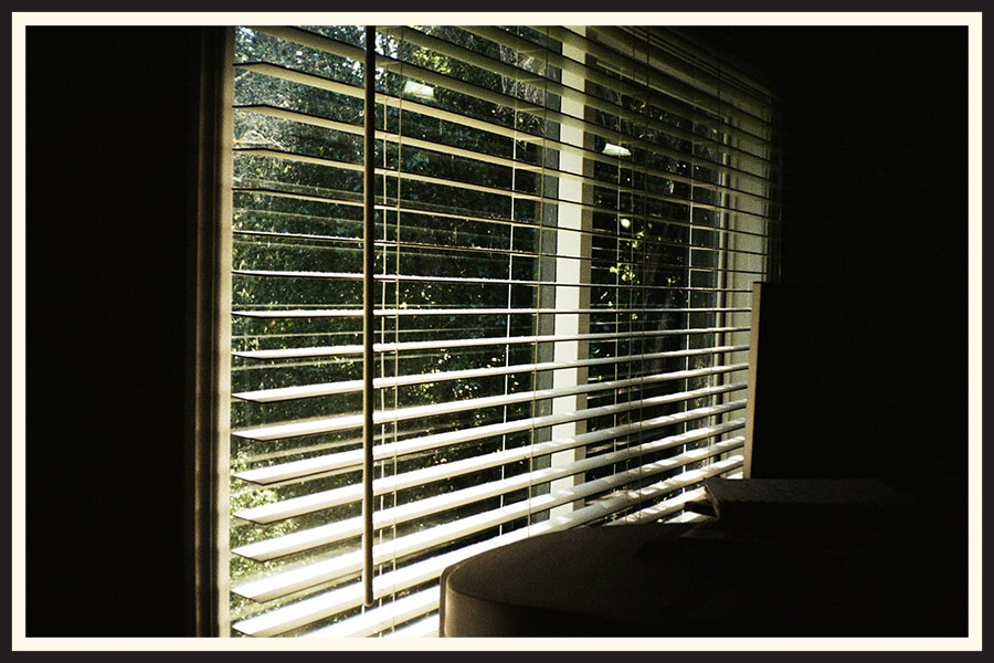 Film photo of a bight window with blinds opens, taken on Kodak Colorplus 200.